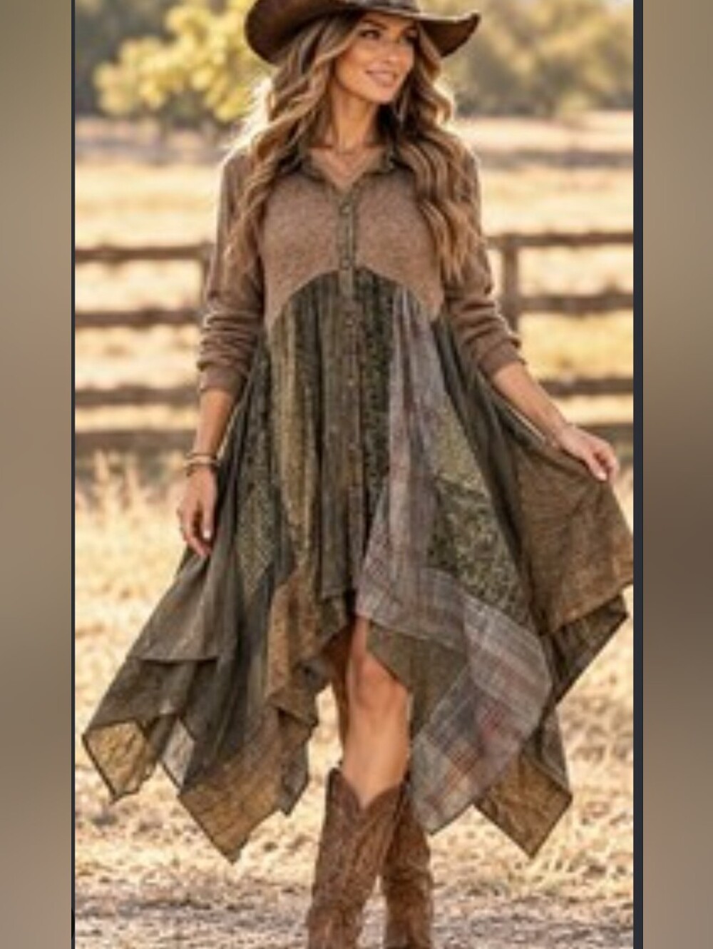 Boho Patchwork Handkerchief Hem Tunic/ Dress in Brown